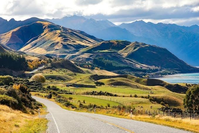 Nelson car rental parked at a scenic coastal viewpoint overlooking Tasman Bay